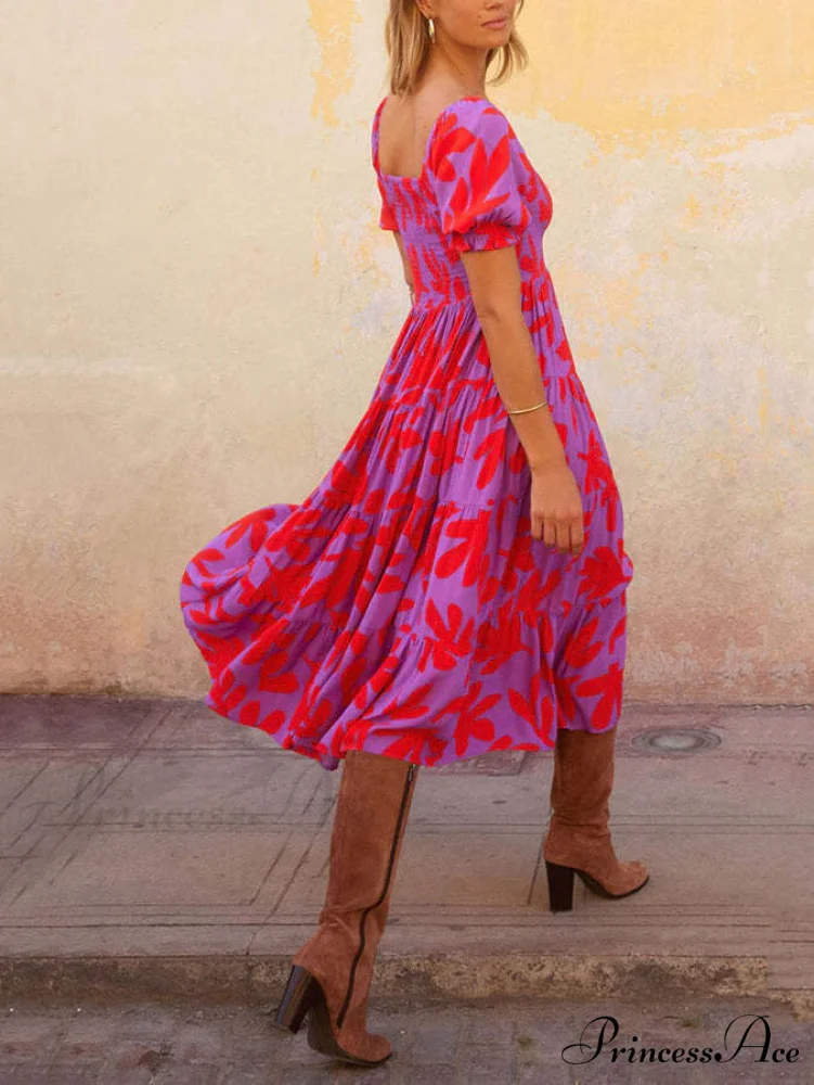 Puff Sleeve Square Charming Neck Printed Midi Dress - Image 6