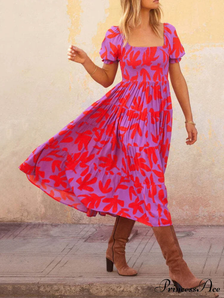 Puff Sleeve Square Charming Neck Printed Midi Dress - Image 7