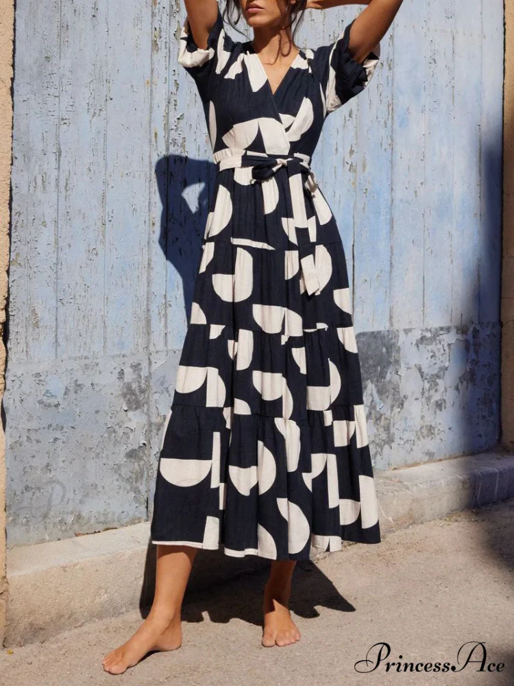 Puff Sleeve V-Neck Charming Geometric Print Midi Dress - Image 2