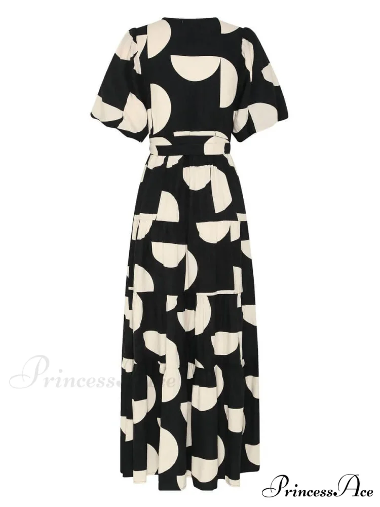 Puff Sleeve V-Neck Charming Geometric Print Midi Dress - Image 3
