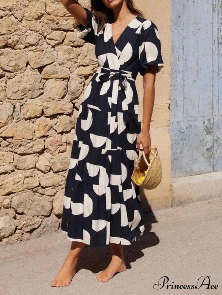 Puff Sleeve V-Neck Charming Geometric Print Midi Dress - Image 4