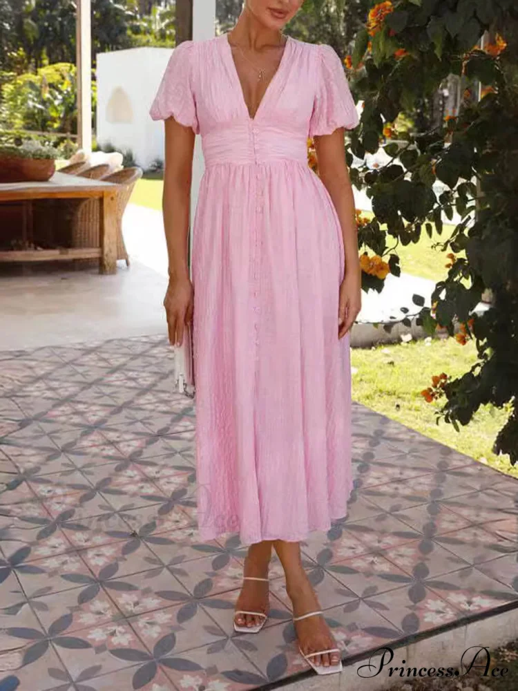 Puff Sleeve V-Neck Charming Long Oversized Hem Dress - Image 11
