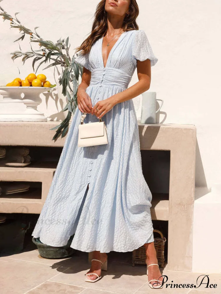 Puff Sleeve V-Neck Charming Long Oversized Hem Dress - Image 2
