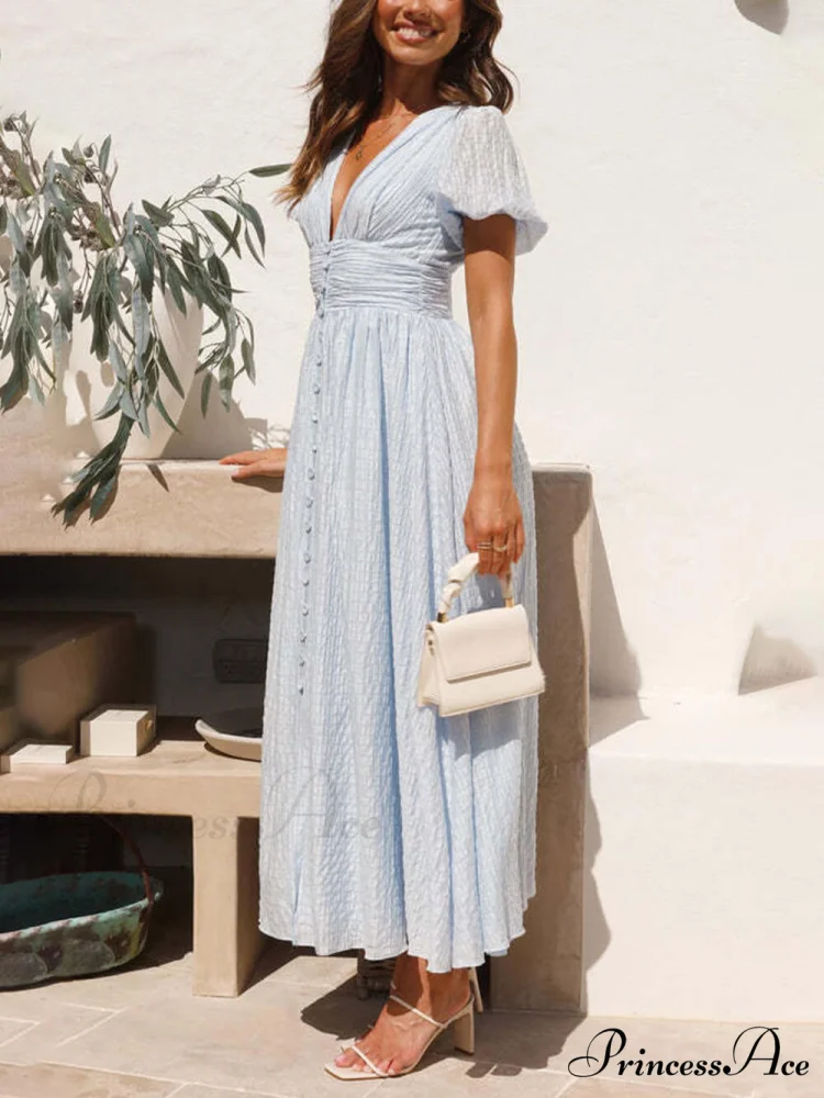 Puff Sleeve V-Neck Charming Long Oversized Hem Dress - Image 4