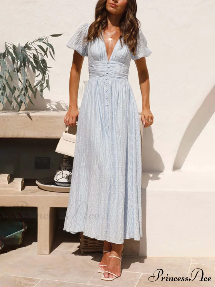 Puff Sleeve V-Neck Charming Long Oversized Hem Dress - Image 5