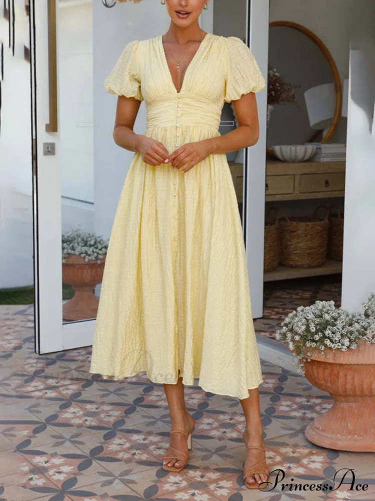 Puff Sleeve V-Neck Charming Long Oversized Hem Dress - Image 9