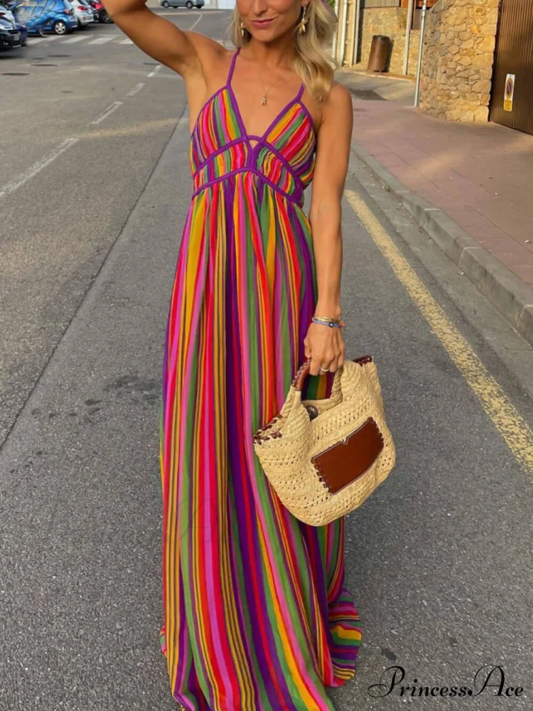 Rainbow Stripe Print Charming V-Neck Maxi Dress - Image 3