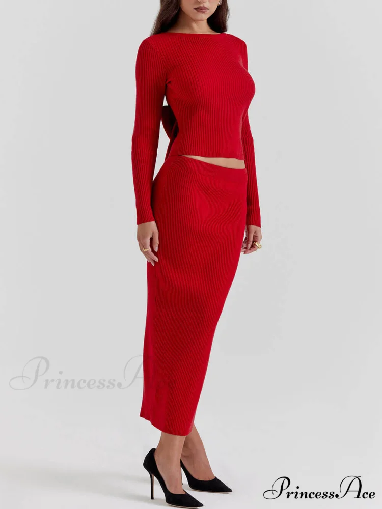 Red Knit-Blend Stylish Maxi Skirt - Image 2