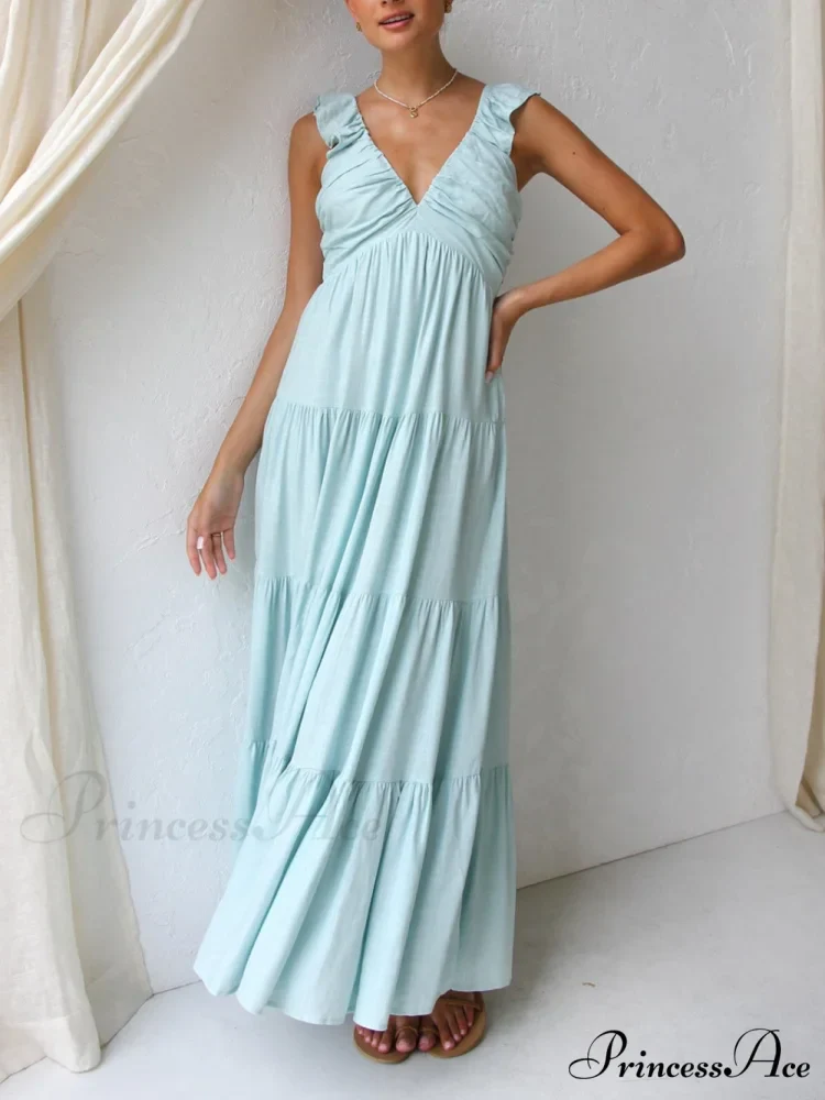 Ruffled Flying Sleeves Smocked Graceful Back Tiered Vacation Maxi Dress - Image 6