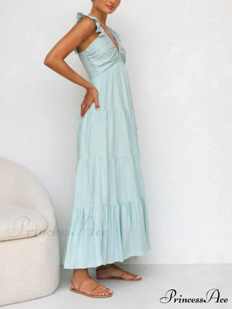 Ruffled Flying Sleeves Smocked Graceful Back Tiered Vacation Maxi Dress - Image 9