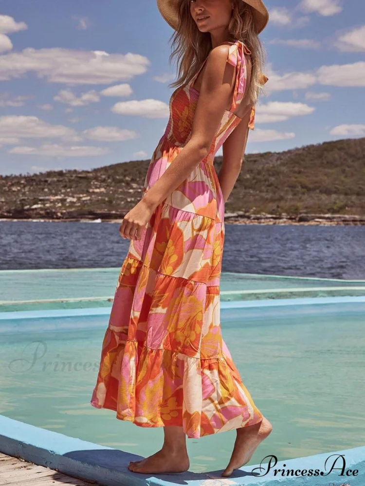 Sea Charm Sleeveless Pleated Graceful Stretch Chest Print Cami Dress - Image 2