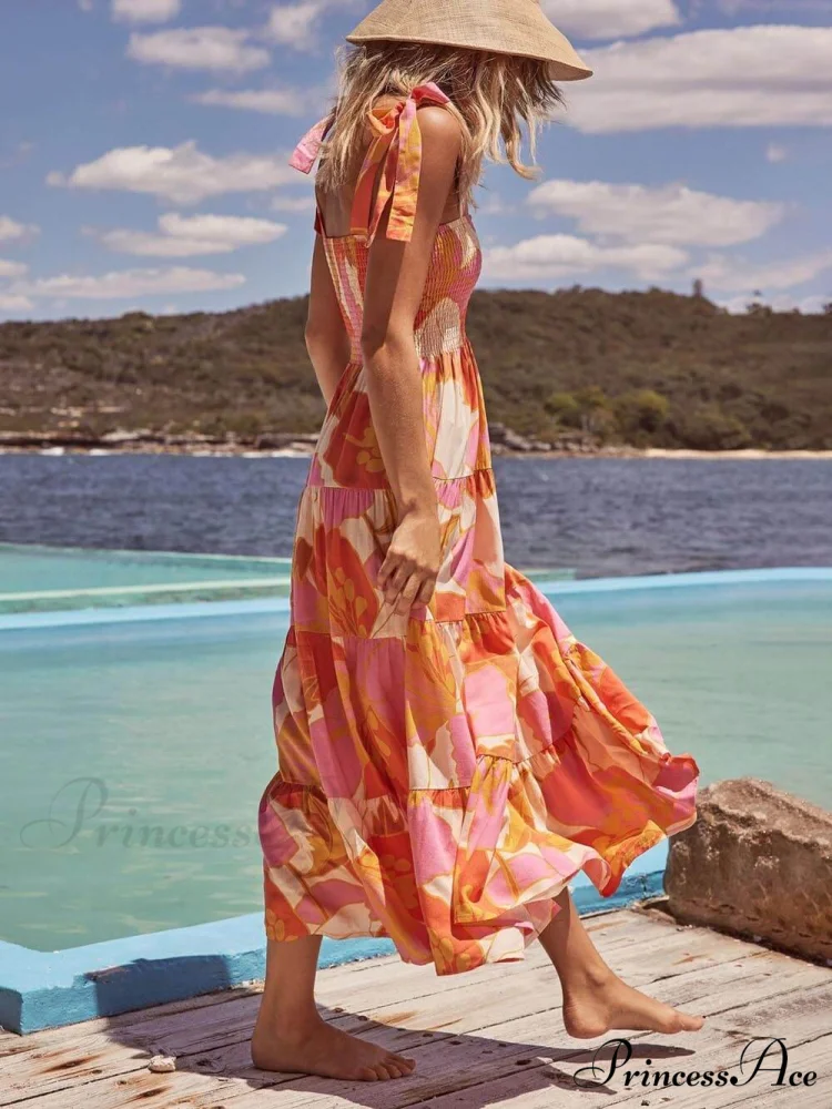 Sea Charm Sleeveless Pleated Graceful Stretch Chest Print Cami Dress - Image 3