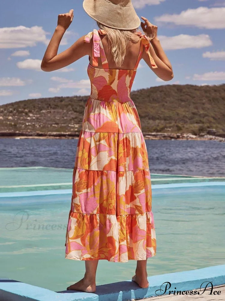 Sea Charm Sleeveless Pleated Graceful Stretch Chest Print Cami Dress - Image 4