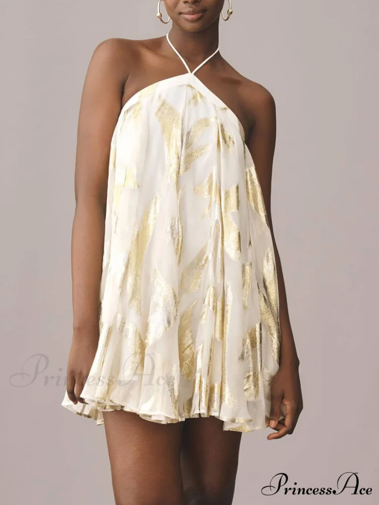 Sequins Hanging Neck Halter Graceful Print Swing Mini Dress - Image 2