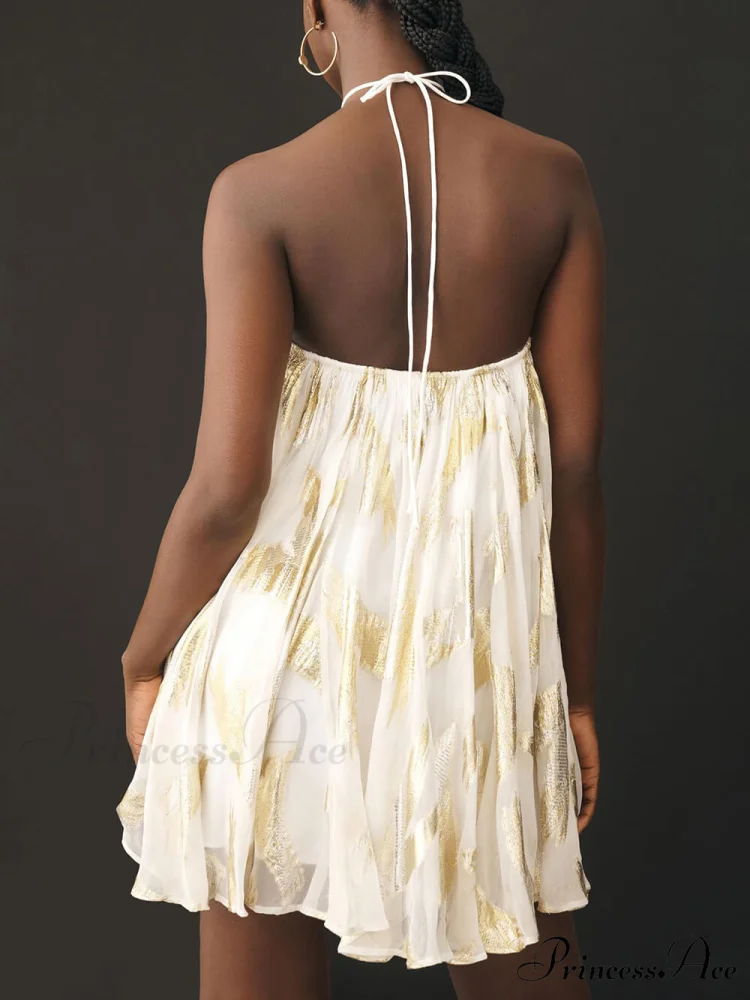 Sequins Hanging Neck Halter Graceful Print Swing Mini Dress - Image 3