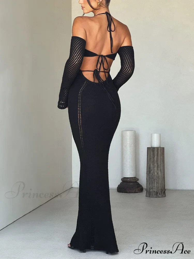 Sexy Backless Suspender Slim Graceful Hollow Long Sleeve Dress - Image 4