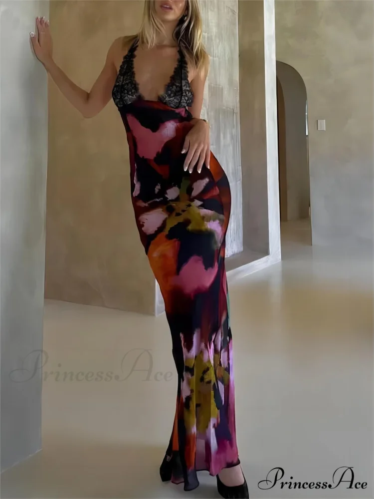 Sexy Deep V Lace Graceful Patchwork Printed Auspender Maxi Dress - Image 2