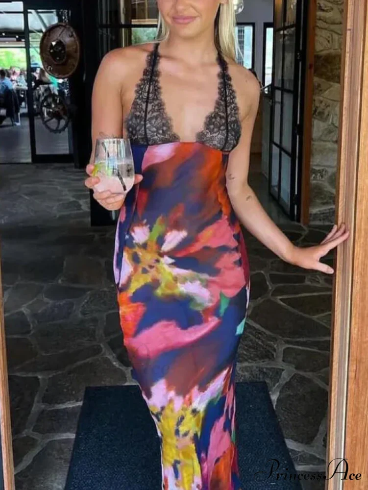 Sexy Deep V Lace Graceful Patchwork Printed Auspender Maxi Dress - Image 3