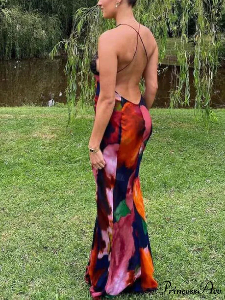 Sexy Deep V Lace Graceful Patchwork Printed Auspender Maxi Dress - Image 4