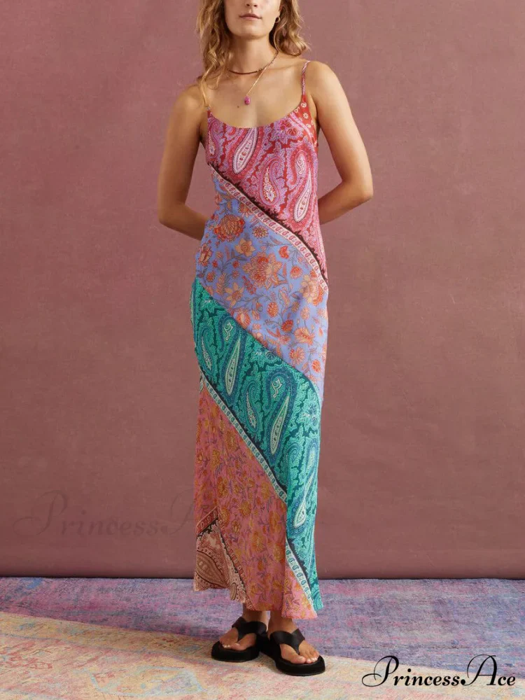 Sexy U-Neck Backless Bosnian Graceful Print Suspender Maxi Dress - Image 2