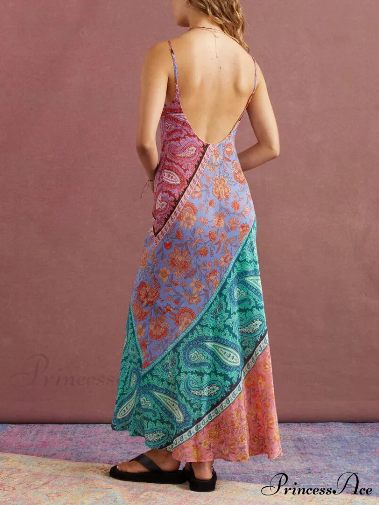 Sexy U-Neck Backless Bosnian Graceful Print Suspender Maxi Dress - Image 4
