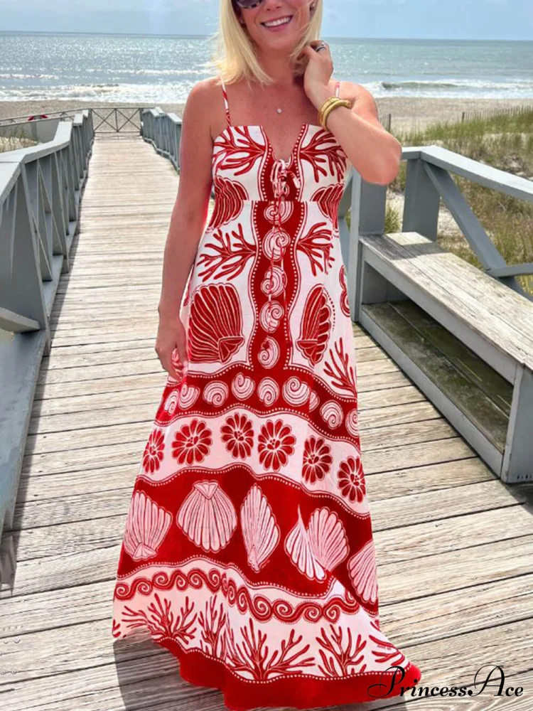 Shell Unique Print Front Graceful Lace-Up Loose Maxi Dress - Image 3