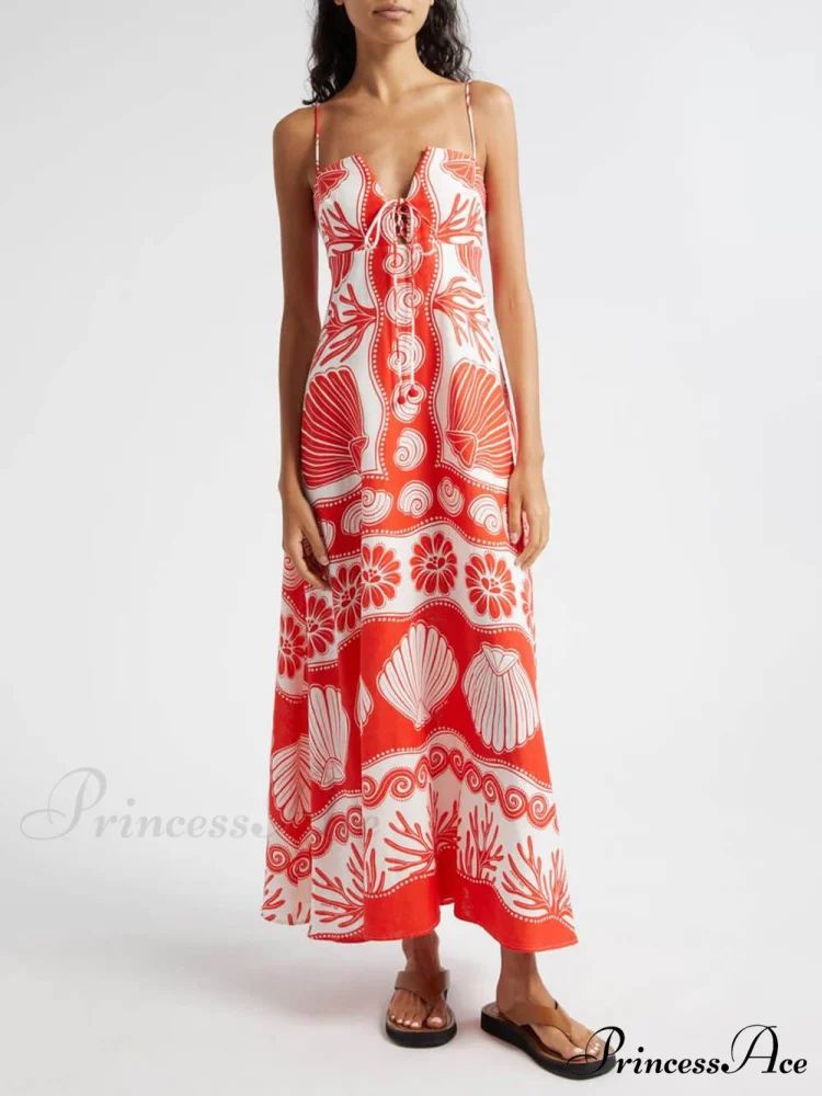 Shell Unique Print Front Graceful Lace-Up Loose Maxi Dress - Image 4
