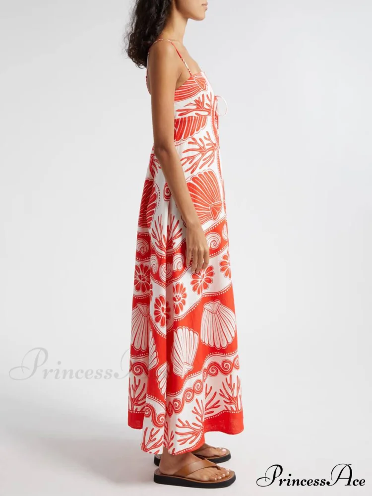 Shell Unique Print Front Graceful Lace-Up Loose Maxi Dress - Image 6