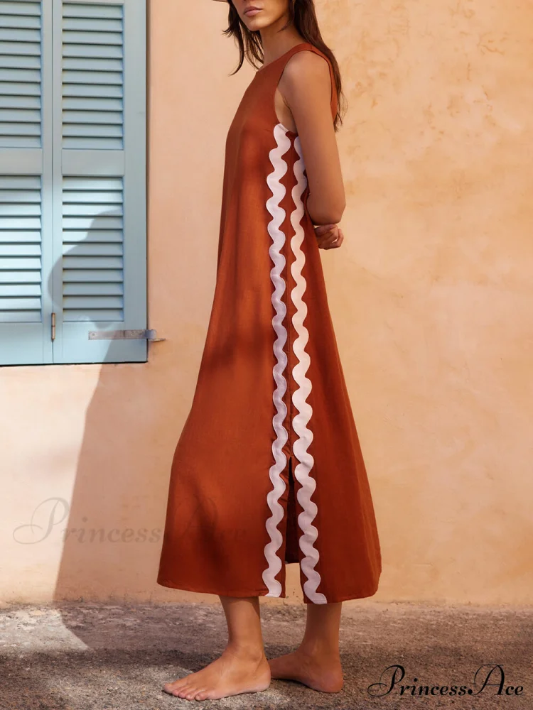Side Wave Stripes Embellished Graceful Side Slit Loose Dress - Image 5