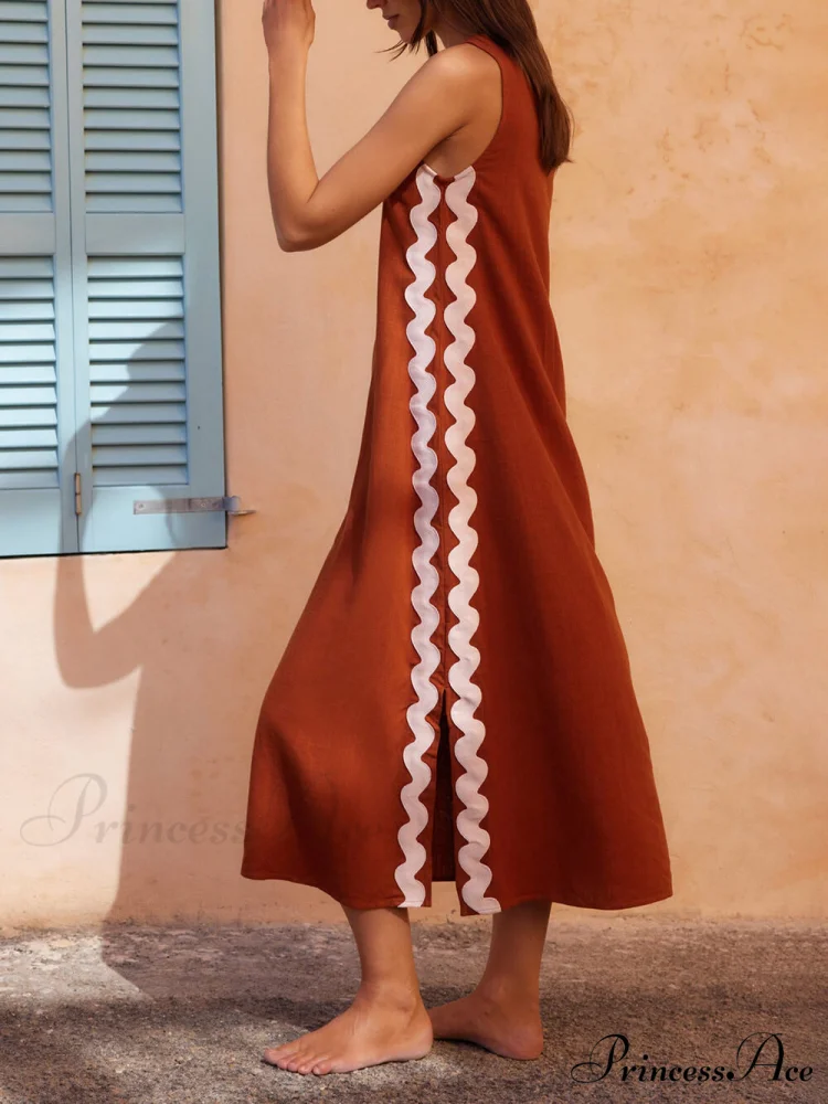 Side Wave Stripes Embellished Graceful Side Slit Loose Dress - Image 6