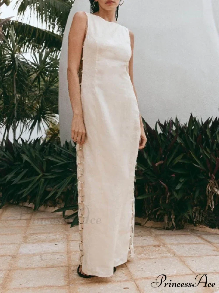 Signature Printed Hoop-Embellished Charming Sleeveless Midi Dress - Image 4