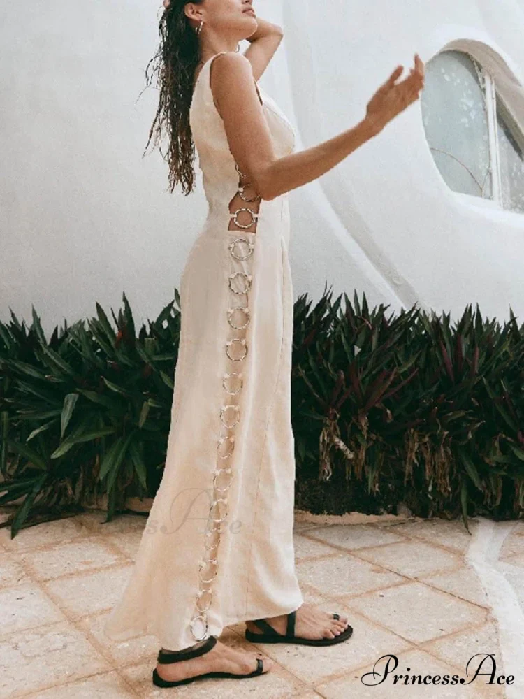 Signature Printed Hoop-Embellished Charming Sleeveless Midi Dress - Image 7