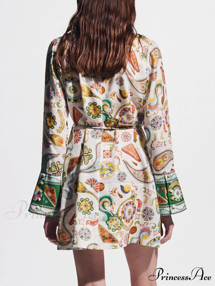 Exquisite And Printed Charming Trumpet Sleeve Mini Dress - Image 4