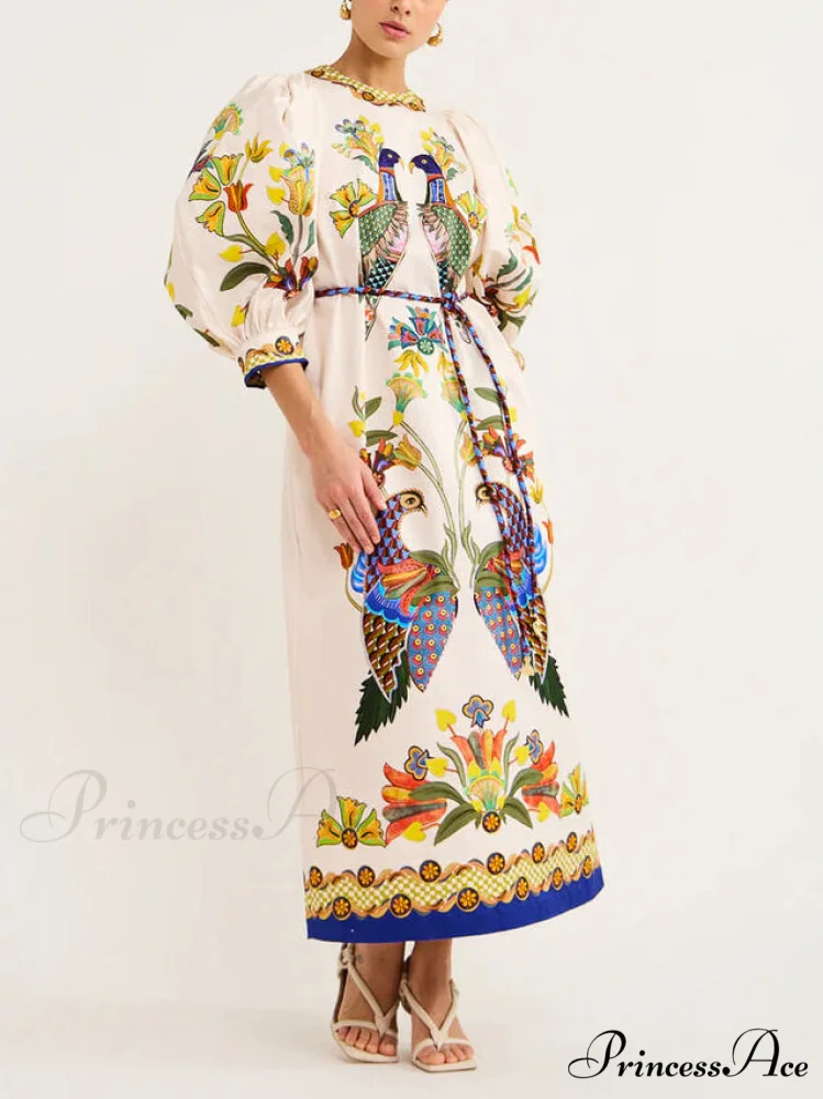 Exquisite And Fun Printed Puff Trendy Sleeves Loose Casual Midi Dress - Image 2