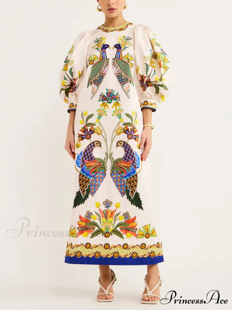Exquisite And Fun Printed Puff Trendy Sleeves Loose Casual Midi Dress - Image 3