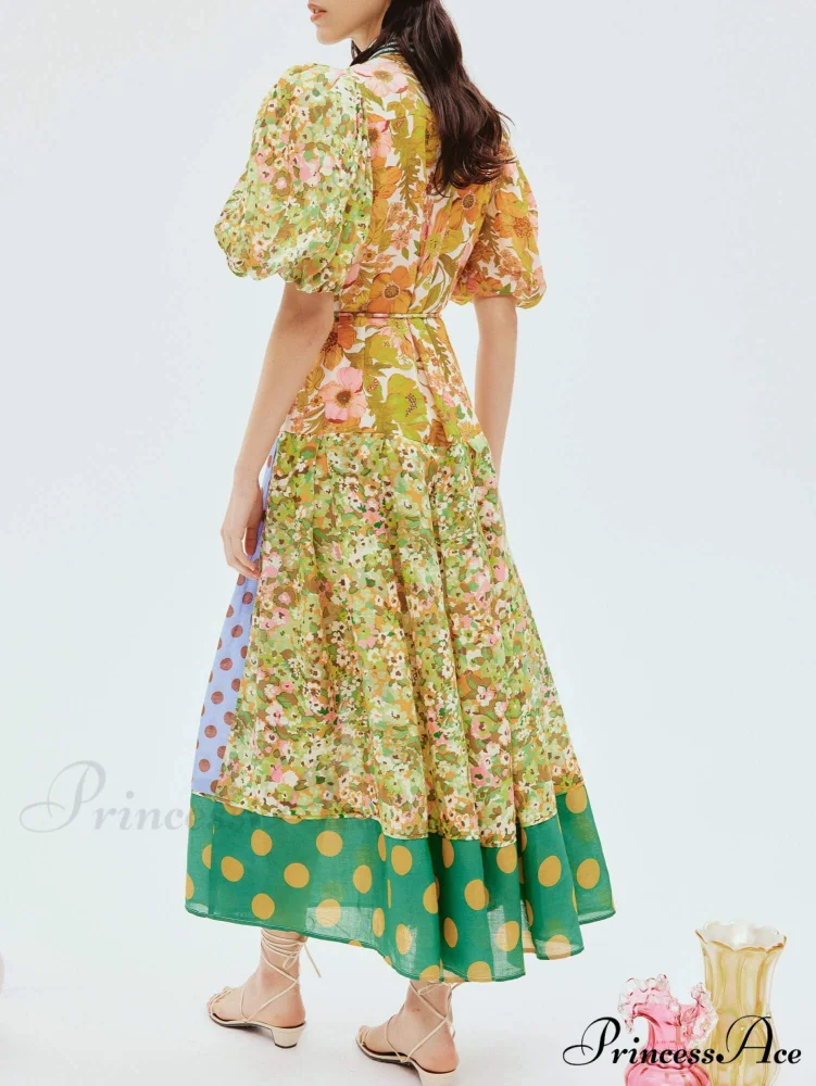 Exquisite Retro Floral Print Graceful Puff Sleeve Midi Dress - Image 3