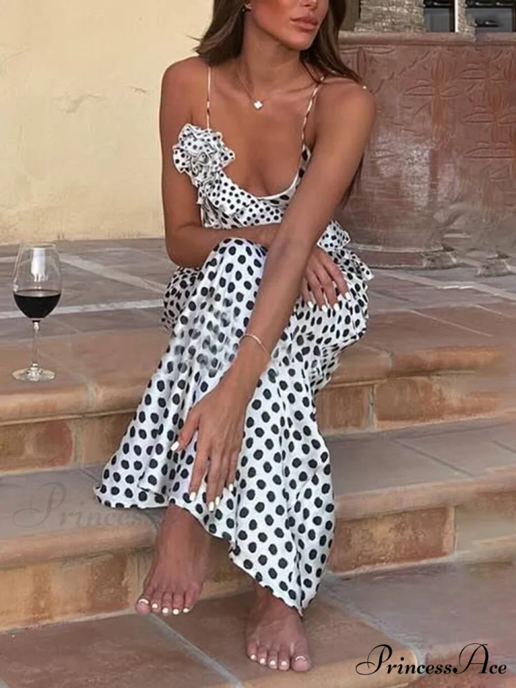 Fantasy Polka Dot Print Graceful Guipure Ruffled Suspender Maxi Dress - Image 2