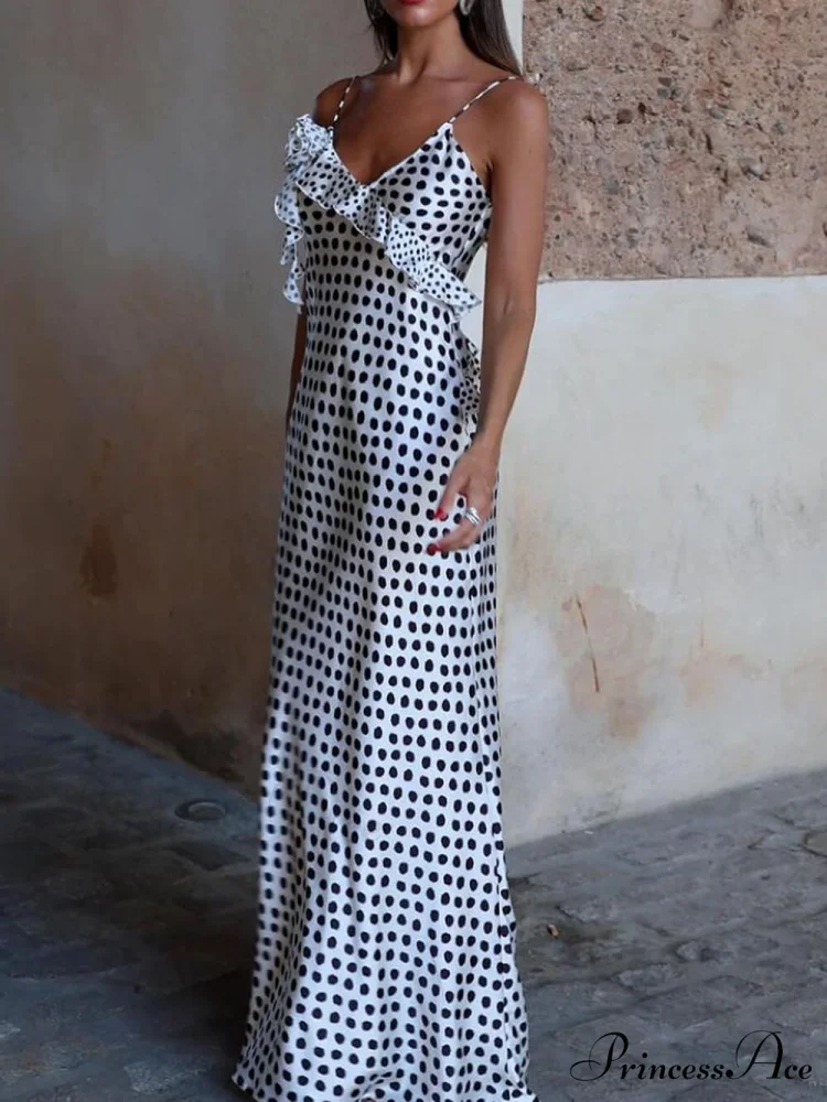 Fantasy Polka Dot Print Graceful Guipure Ruffled Suspender Maxi Dress - Image 3