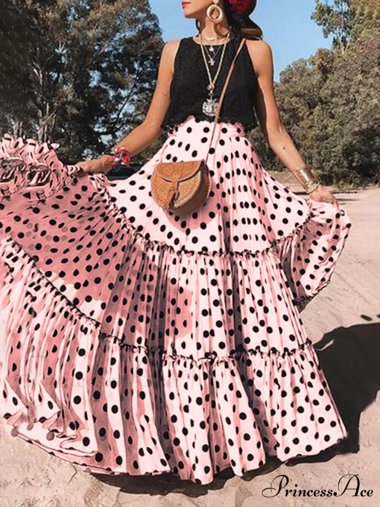 Casual Long Polka Charming Dot Printed Halter Skirt - Image 2