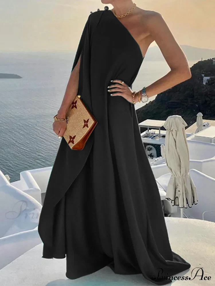 Solid Color Loose Charming One Shoulder Maxi Dress - Image 2