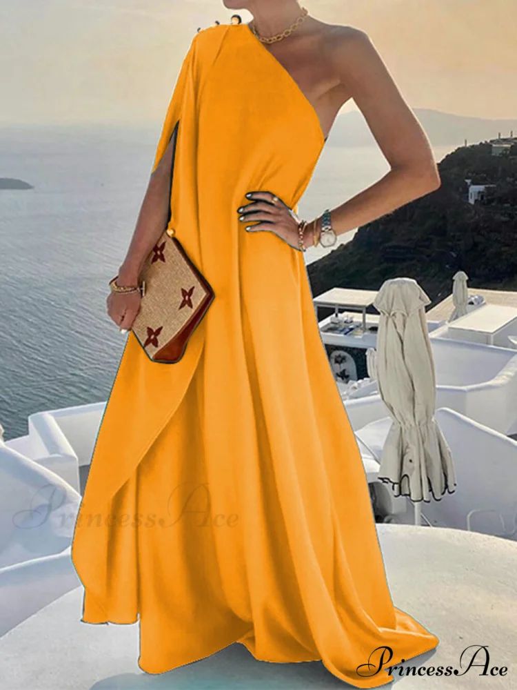 Solid Color Loose Charming One Shoulder Maxi Dress - Image 3