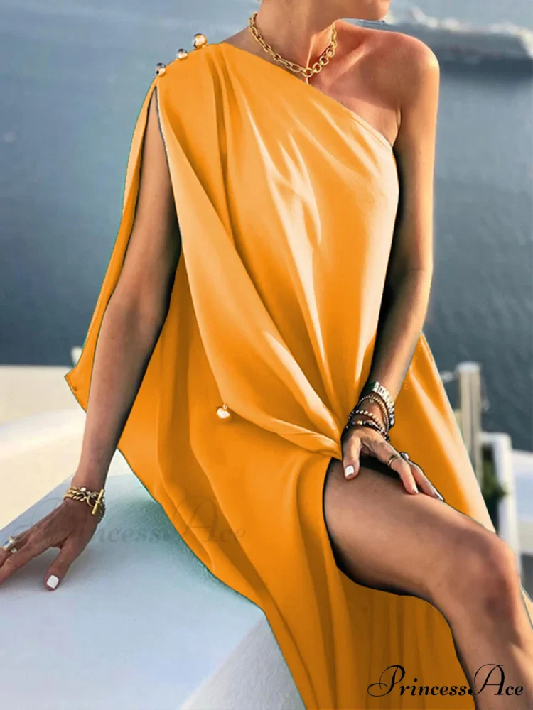 Solid Color Loose Charming One Shoulder Maxi Dress - Image 4