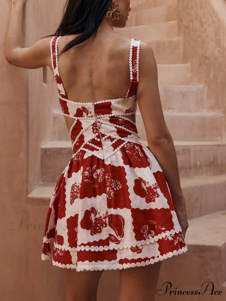 Floral Decorative Unique Print Graceful V-Neck Hollow A-Line Mini Dress - Image 2