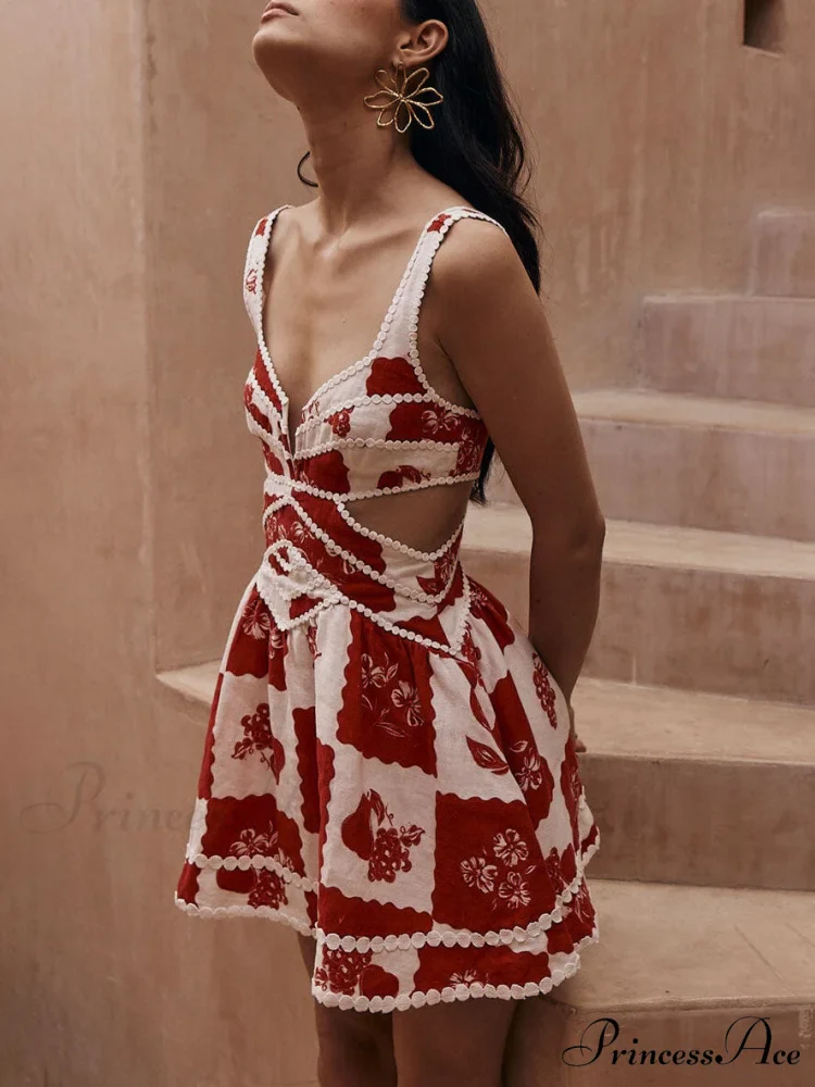 Floral Decorative Unique Print Graceful V-Neck Hollow A-Line Mini Dress - Image 4