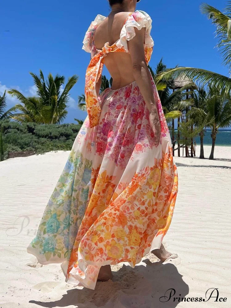 Floral Frill Cutout Charming Back Tie-Up Maxi Dress - Image 2