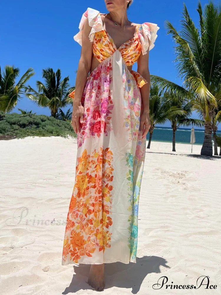 Floral Frill Cutout Charming Back Tie-Up Maxi Dress - Image 3