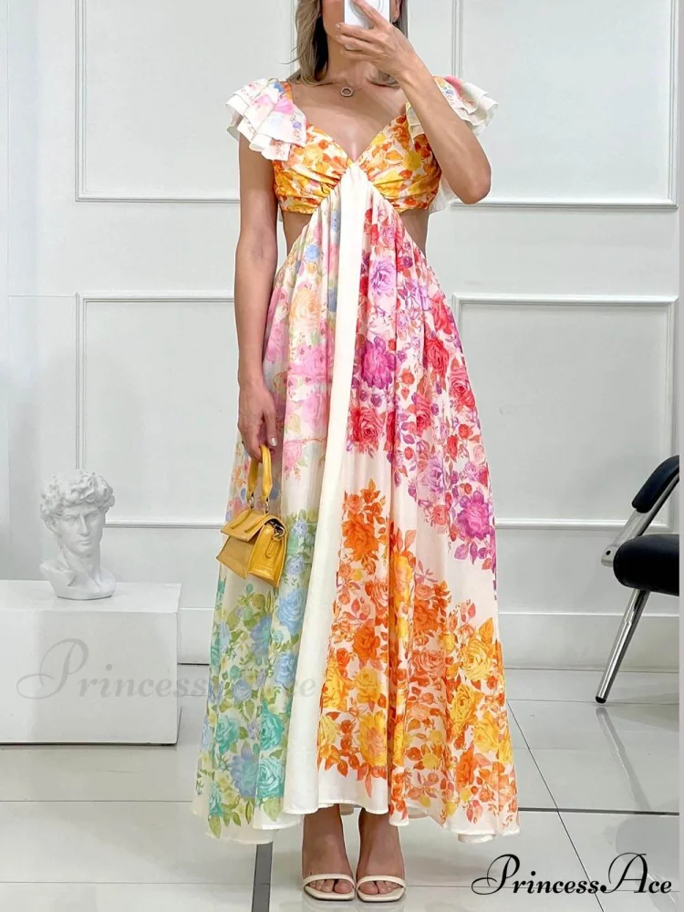Floral Frill Cutout Charming Back Tie-Up Maxi Dress - Image 4
