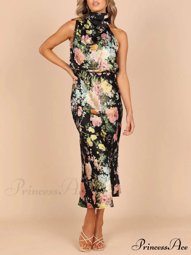 Floral Halter Neck Charming Elastic Waist Maxi Dress - Image 10