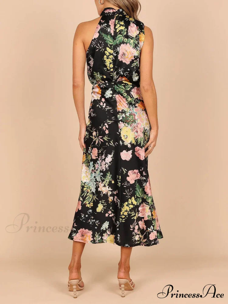 Floral Halter Neck Charming Elastic Waist Maxi Dress - Image 11