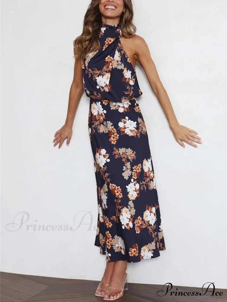 Floral Halter Neck Charming Elastic Waist Maxi Dress - Image 12